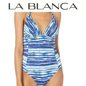 La Blanca BLUE Serene Stripe Tummy-Control Strappy One-Piece Swimsuit Si…
